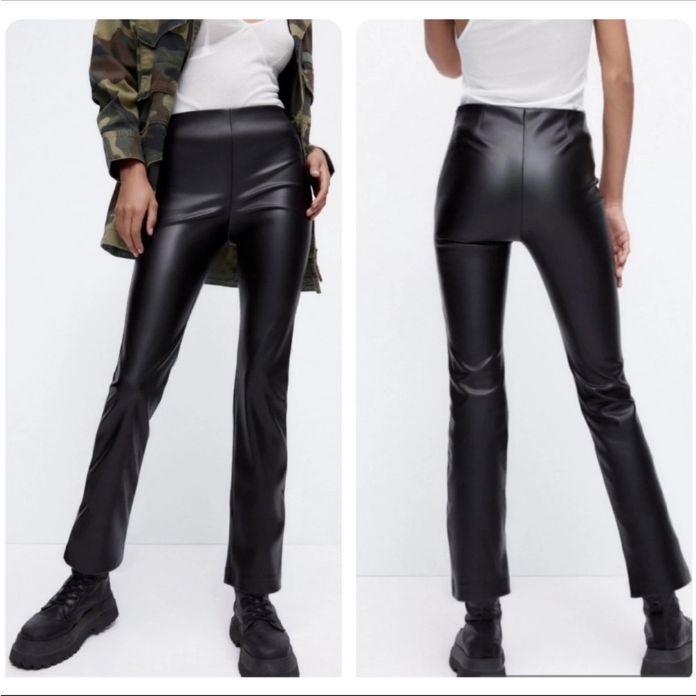 ZARA Women’s Mini Flare Faux Leather Leggings High Waist Sz L Preppy Bikercore